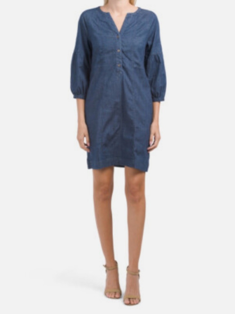 Anne Klein Blue Denim Chambray Shift Dress - Size 14 - 3/4 Puff Sleeve Pockets